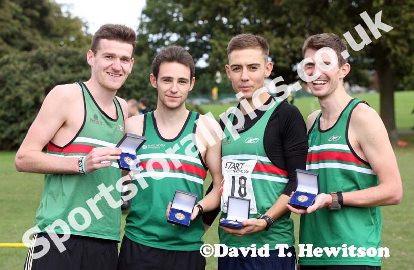 Sale Harriers, winners of the senior mens race, from left to right: Niall Brooks, Simon Horsfield, Charlie Hulson and James Bailey Northern Cross Country Relays, Graves Park, Sheffield.